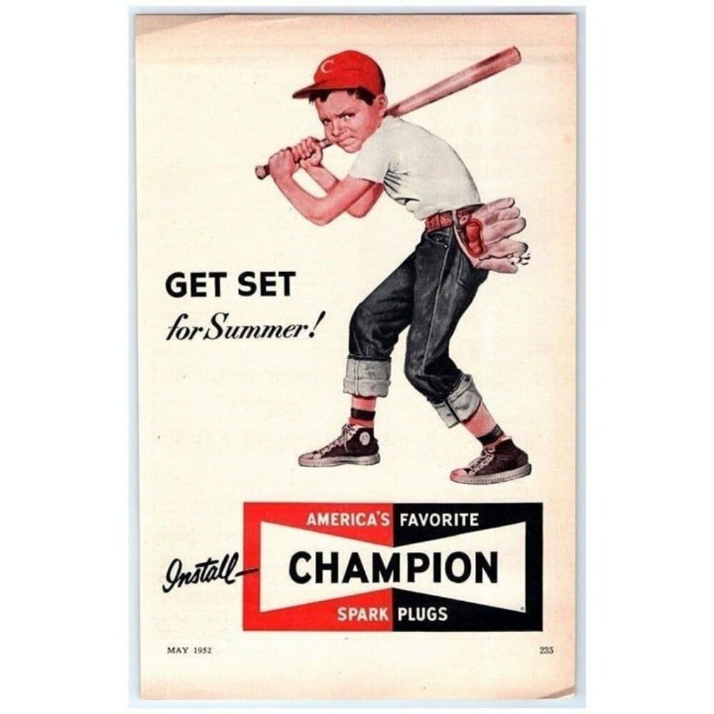 1952 Print Ad Champion Spark Plugs Baseball Boy Glove Bat Great Image!